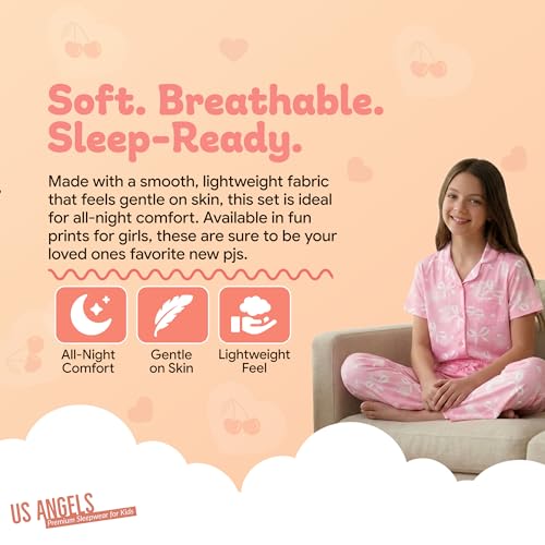 Image of US Angels Girls Pajama Set 3 Piece, Short Sleeve Button Down PJs with Shorts & Pants, Soft Sleepwear Girls & Tweens Size 5-16