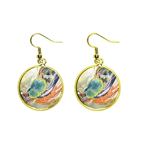 Pendientes de oro estilo oriental con ilustracion vintage de pavo real