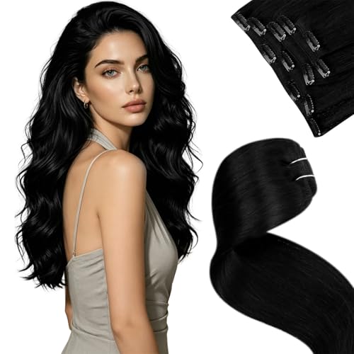Image of LaaVoo Clip On Hair Extensions Real Human Hair, 18inch 5pcs 80g, For Party | Hair Extension Clips, Creates Flowing Silhouette, Complements Jet Black Base Hair For Shooting Scenes