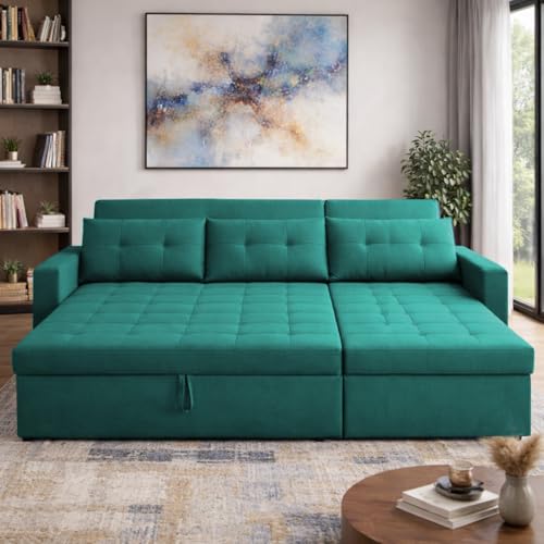 Image of Emilio 4 Seater LHS L - Shape Pull-Out Sofa Cum Bed Sofa for Living Room (Pine Fabric Color) Premium Fabric Sofa Set for Living Room Sofa Cum Bed