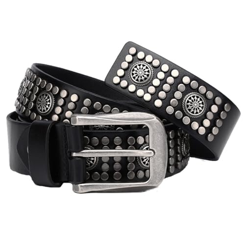 Studded Belt for Men Women Leather Strap with Shiny Silver Flower Shape Circle and Metal Studs Punk Rock Round Rivets3