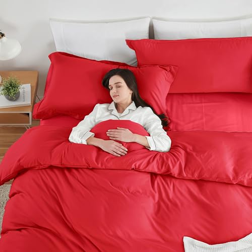Image of Hearth & Harbor Red Duvet Cover with Fitted Sheet King Size | 4 Piece Soft Double Brushed Bedding Set, Button Closure, 1 Duvet Cover 104x90 Inches, 1 Fitted Sheet, 2 Pillow Shams