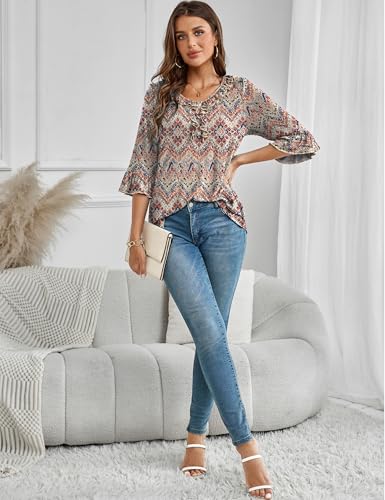 Women's 3/4 Bell Sleeve Ruffle V Neck Tops Casual Summer Knit Shirts3