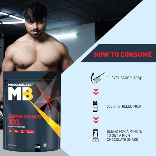 Image of MuscleBlaze Super Gainer XXL Powder, Chocolate (30 Servings, 3kg / 6.6lbs) | 15g Protein, 75g Carbs Per Scoop | High Protein Muscle Mass Gainer