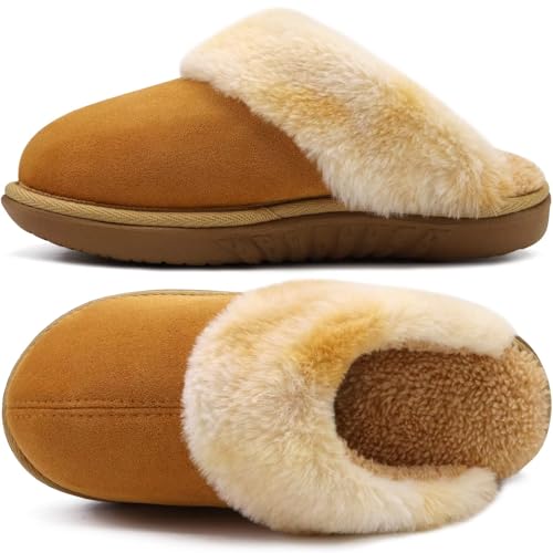 jiajiale Women's Arch Support Memory Foam Slippers Orthotic Plantar Fasciitis Slip On Suede Ladies Scuff Slipper Cozy Fuzzy Shearling Winter House Shoes Indoor Outdoor Tan Size 7