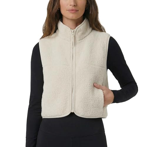CUBRIDGE Cropped Fleece Vest Women Zip Up Stand Collar Warm Sherpa Vest Fall Cute Sleeveless Fleece Waistcoat with Pocket(Beige M)
