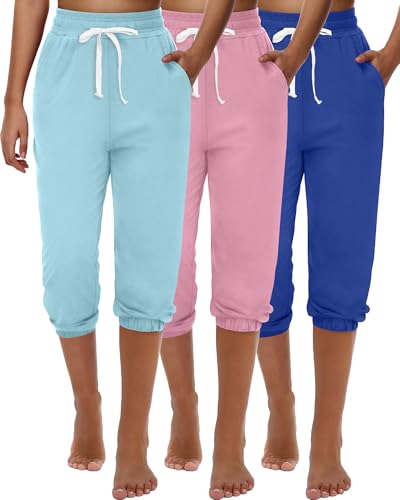 Ficerd 3 Pcs Women's Capri Sweatpants Joggers Summer Casual Sports Cropped Lounge Pants High Waisted Athletic with Pockets