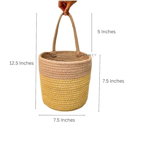Image of JASMEY HOMES Wall Hanging Jute Basket for Vegetables /Newspaper Storage Box for Home /Milk Basket for Main Door Hanging from (Green & Yellow)