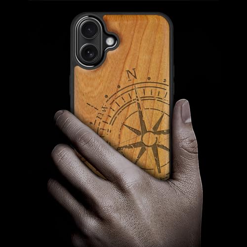 Image of Carveit Wood Case for iPhone 16 Plus, The Incomplete Compass, Cherry | Magnetic iPhone 16 Plus Case Compatible with MagSafe Wireless Chargers, Engraved Wood with Soft TPU Shockproof Bumper
