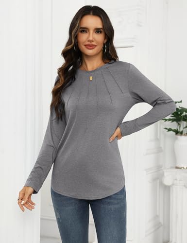 Gyabnw Camiseta de Manga Larga para Mujer Informal Camisa Plisada con Cuello Redondo Blusas Básico Chic y Elegante