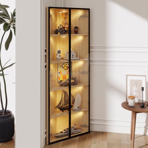 BTM LED Glasvitrine 62x35x160cm Eckvitrine mit Tür – Sammlungsvitrine, Bücherregal, Weinschrank, Badezimmerschrank, Eiche