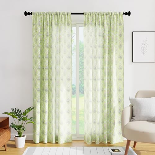 Image of Encasa XO Door Printed Sheer Curtains, Light Filtering Pea Green | 4.5ft to 10 ft | Lightweight Polyester Twill | Rod Pocket Styling | Machine Washable | Set of 2