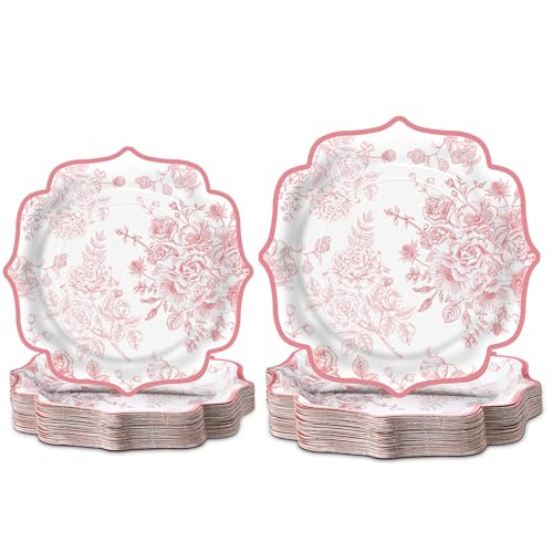 Havawish 100 Pcs Pink Floral Party Disposable Plates 10 Inch 8 Inch