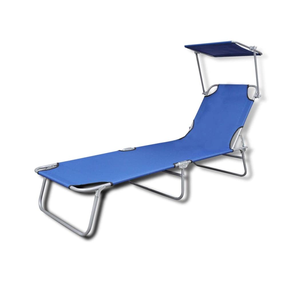 Klappbare Sonnenliege mit Dach 189x58cm Gartenliege Blau | Stabile Dreibeinliege für Balkon und Terrasse mit verstellbarem Sonnenschutz und Rückenlehne.