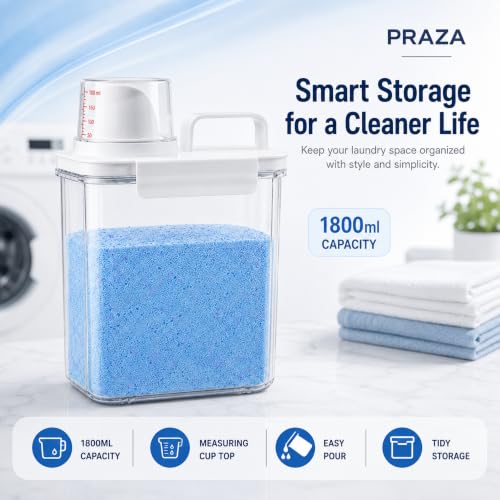 Image of PRAZA Laundry Detergent Storage Container 1800 ML with Measuring Cup Lid, Airtight Washing Powder Storage Box, Clear Plastic Organizer for Laundry Powder, Pods, Beads, Bathroom & Laundry Room