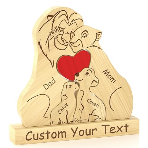 Personalized Wooden Lions Family Puzzle with 2-7 Names, Custom Wooden Bear Puzzle with Base, Laser...