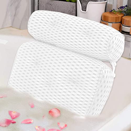 Idle Hippo Bath Pillow for Tub, Spa Bathtub Pillow - 4D Air Mesh Luxury Bath Pillow with 7 Non-Slip Suction Cups, Bath Tub Pillow Headrest, Neck and Back Support for Hot tub and All Bathtub-White