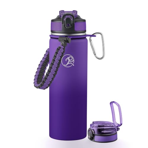 Image of GOSWAG 24oz Insulated Stainless Steel Travel Water Bottle, 2 Lids | with straw and no straw, Paracord handle, Double-wall vacuum keeps drinks cold or hot, Leakproof tumbler