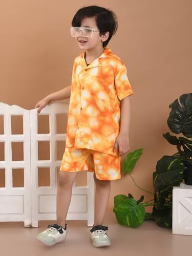 Image of superminis Baby Boys Rayon Tie-Dye Printed Co-ord Set With Notched Collar Shirt and Shorts