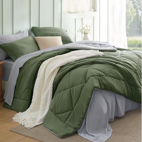 Image of Bedsure King Size Comforter Set - 7 Pieces Reversible Olive Green Bedding, King Size Bed Set for All Seasons, Bed in a Bag with Down Alternative Comforter, Sheets, Pillowcases & Shams