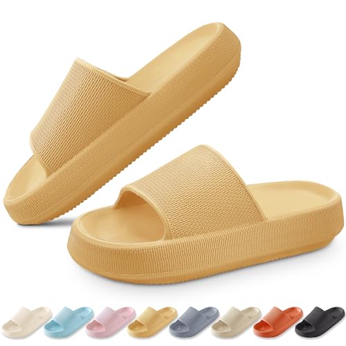 BHFRGAS Cloud Sliders Women Men，Cloud Slippers with Thick Outsole，Non-Slip Soft Summer Mens Womens Slippers Flip Flops，Shower Bathroom Slippers Pillow Slides for Beach,Pool and Outdoor，Yellow,5-5.5 UK