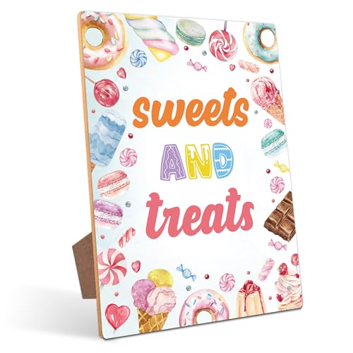 Sweets and Treats Table Sign - Pink Sweet Candy Birthday Decor, Perfect for Birthday Party, Birthday Decorations, 8×11 Wooden Party Sign with Stand