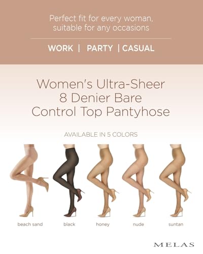 Melas Women's Ultra-Sheer 8 Denier Bare Control Top Pantyhose Suntan Large2