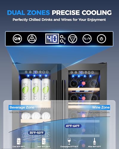 Image of 24 Inch Dual Zone Wine Fridge for 21 Bottles and 60 Cans, Under Counter Refrigerator with 42dB Quiet Operation & Blue LED Light, Beverage Refrigerator with Glass Door (Black)