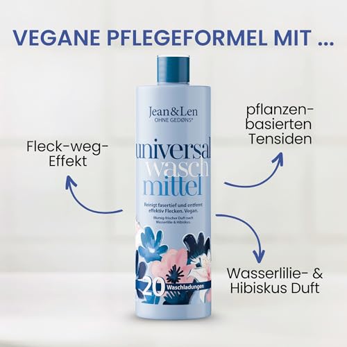 Jean & Len Universalwaschmittel Wasserlilie & Hibiskus, Fasertiefe Reinigung, mit Fleck-Weg-Effekt, mit pflanzenbasierten Tensiden, ohne künstliche Farbstoffe, Waschmittel vegan, 1 L 2