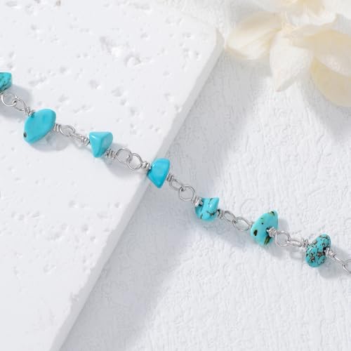 Image of Natural Turquoise Anklet 925 Sterling Silver Raw Turquoise Gemstone Adjustable Foot Anklet Bracelet Beach Summer Jewelry Gifts for Women