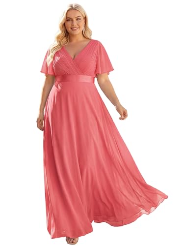 Image of Ever-Pretty Women's Chiffon Formal Evening Dresses for Curvy Women V-Neck Plus Size Floor Length Bridesmaid Dress