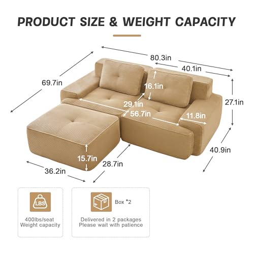 Image of 82 inch L Shaped Modular Boneless Couch with Movable Ottoman, 2 Seat, Soft Corduroy Fabric, Deep Seat Cloud sectional Sofa with Pearl Like Piping and Tufted Design, No Assembly, Anti Slip, Camel