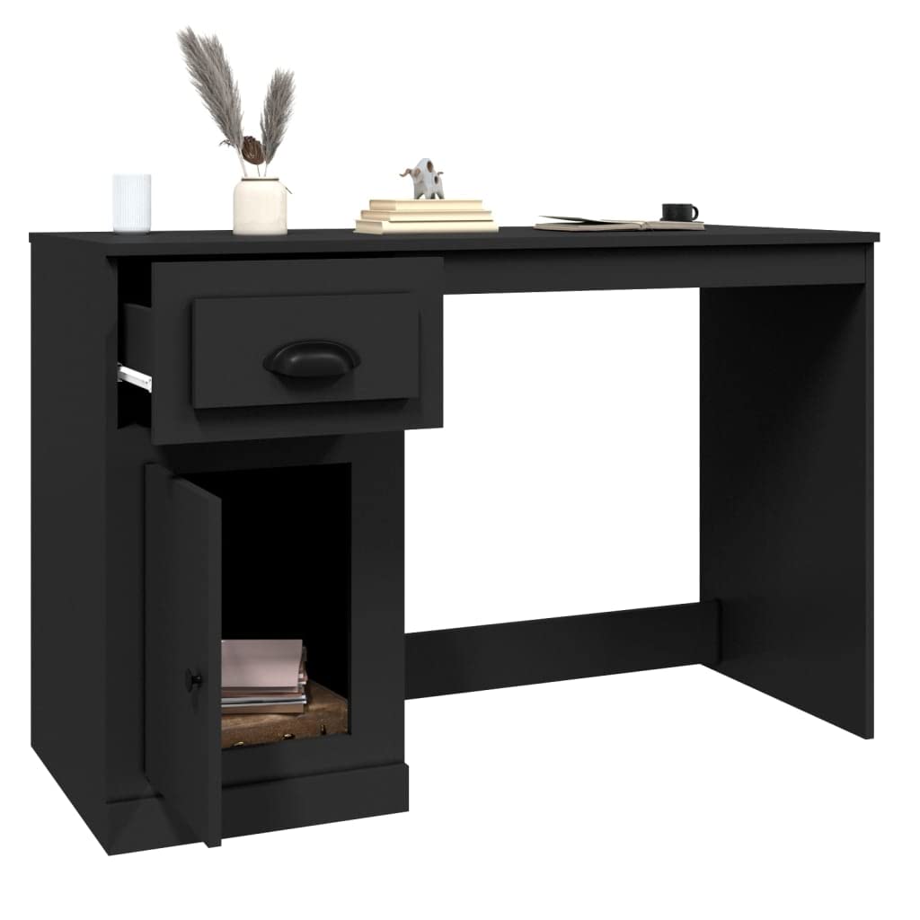 Escritorio negro 115 x 50 x 75 cm de madera con cajón y puerta, escritorio compacto para oficina en casa, habitación juvenil y espacios pequeños, diseño moderno de oficina