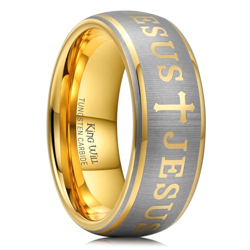 King Will 8mm Tungsten Rings for Men Lord's Prayer Engraved Mens Cross Ring Religious Christian Band Polished Brushed