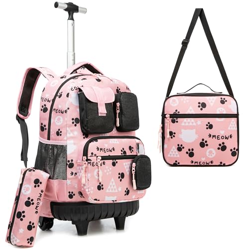 HTgroce Mochila com rodas menina primária mochilas escolares com rodas para criança, traga um estojo para lápis e uma bolsa para o almoço, A-rosa e preto gatos, Animado