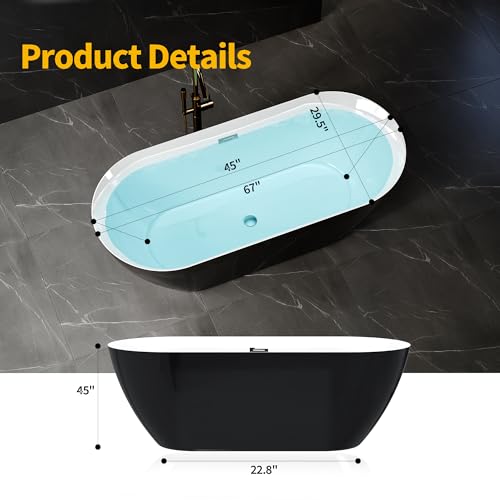 Image of 67 Inch Freestanding Bathtub, Acrylic Deep Soaking Tub, Chrome Overflow and Drain, Non-Slip Standalone Bath Tub for Bathroom, cUPC Certified, Ergonomic Modern Bath for Bathrooms