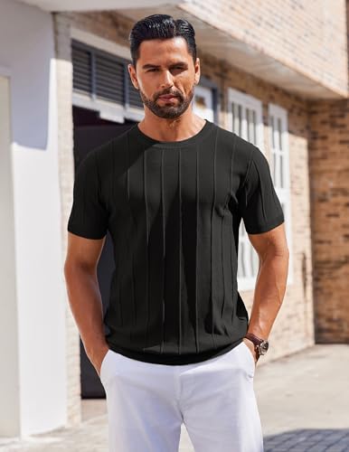 COOFANDY Men’s T- Shirts Short Sleeve Knit Sweater Shirt Casual Crewneck Ribbed Pullover Tees