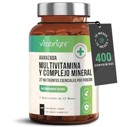 Multivitaminas y Minerales, 400 Tabletas Veganas de Multivitaminas, Suministro de 13 Meses, 27 Vitaminas y Minerales Esenciales para Mujeres y Hombres, Keto Amigable, Inmunidad, Fatiga, VitaBright