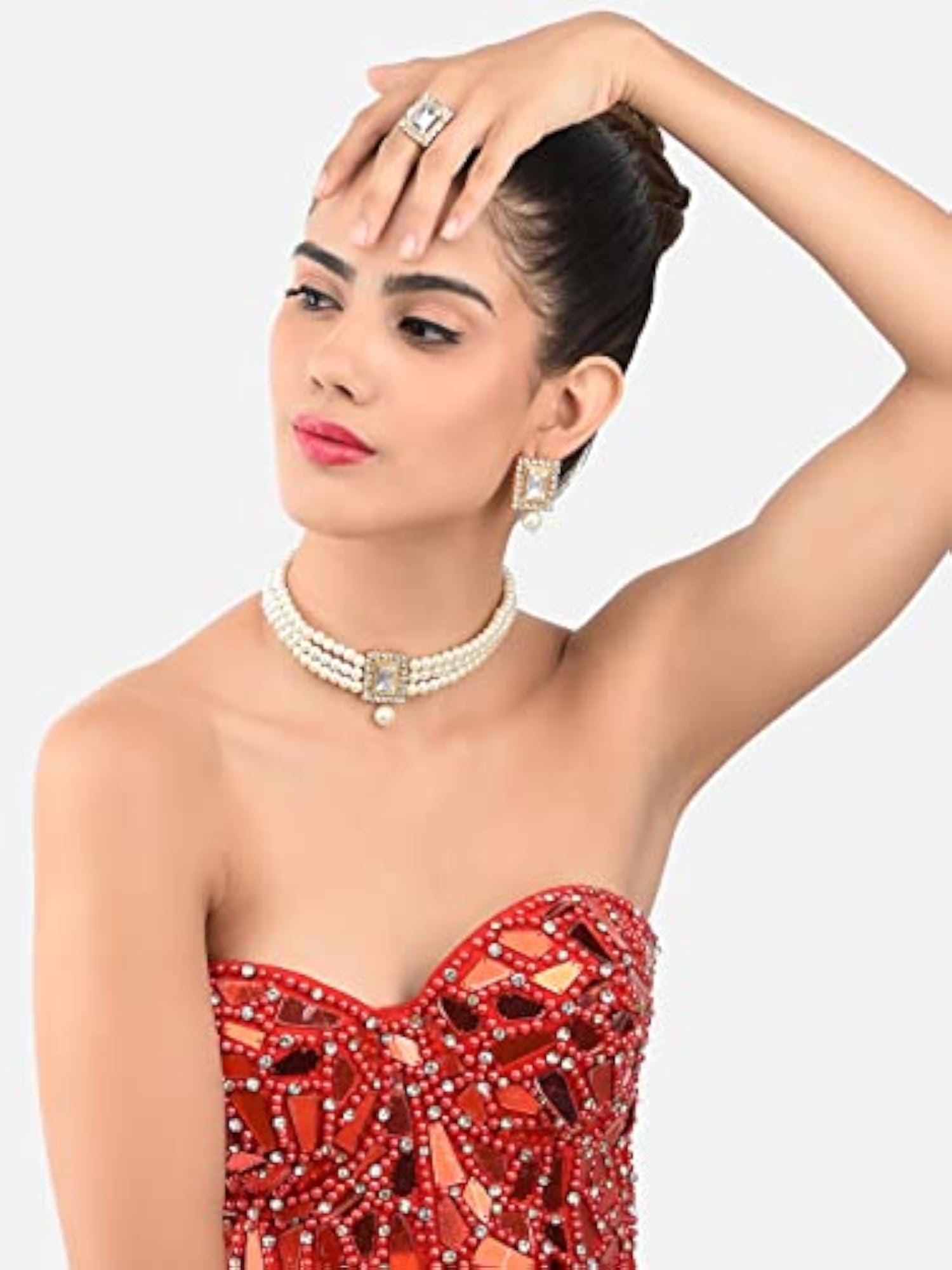 Tone Multistrand Choker Necklace Earring & Ring Set For Women