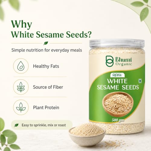 Image of Bhumi Organic Raw White Sesame Seeds 500gm | 100% Clean and Natural White Til, Safed Til Seeds for Eating, Non-GMO, Antioxidant Rich