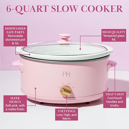 Image of Paris Hilton 6-Quart Manual Slow Cooker, Naturally Nonstick Stoneware Ceramic Insert, Three Settings (Low, High, Warm), Dishwasher Safe Family Size Slow Cooker, Pink