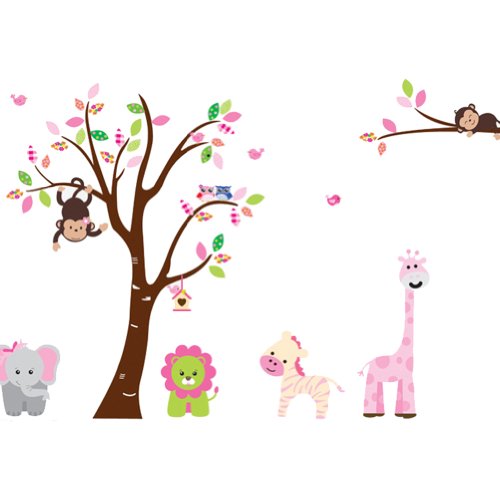 Cartoon Cute Monkeys Big Trees Removable Wall Stickers Home Decor Decals For Children's Room Nursery, Set Of 2 Sheets (animal-tree)
