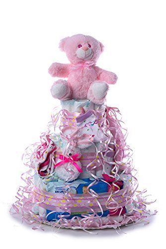 Flores AVRIL-Tarta pañales niña - Pastel de pañales - Regalo para bebé recién nacido-Contiene 55 pañales marca DODOT, Peluche, Calcetín, Toalla facial, Toallas DODOT, Body