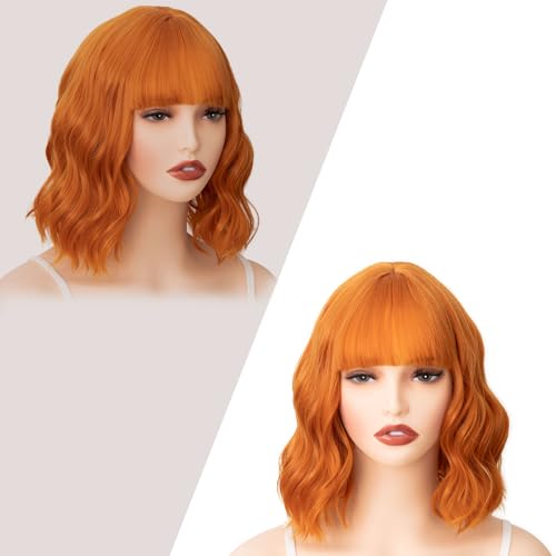 Image of Rose bud Wavy Bob Wig with Bangs Natural Orange Wig Synthetic Hair Shoulder Length Short Curly Wigs for Women