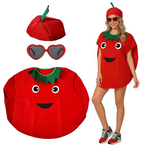 HTTDSLF Fruit Costume Ensemble pour Adultes, Costumes de Fruit - Chapeau|Robe|Lunettes, Costumes de Performance, Costumes de Déguisement Créatifs, pour Robe Fantaisie Halloween Fêtes à Thème (Tomates)