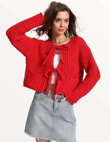 Image of Yimoon Womens Tie Front Chunky Cardigan Sweater Cropped Long Sleeve Open Front Cardigan Knit Trendy Sweater Tops (Red-M)