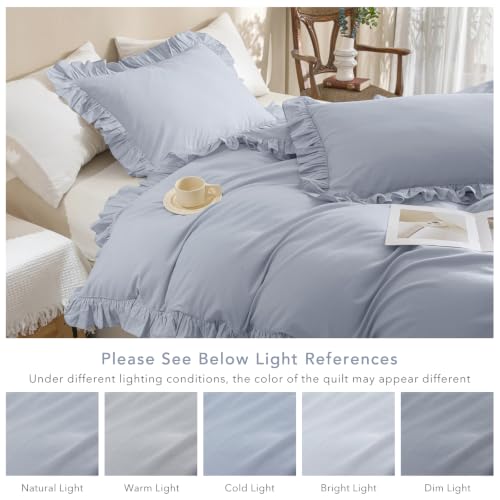 Image of QSH Ruffle Duvet Cover Queen Size Washed Cotton,3pc Linen Feel Farmhouse Shabby Vintage Ruffled Bedding Set French Country Rustic Cornflower Blue Comforter Cover Aesthetic Soft Quilt Cover Set