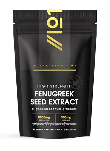 Fenugreek Seed Extract 9000mg - High Strength 50% Saponins (300mg) - 90 Vegan Capsules (3 Months Supply) - Resealable and Recyclable Pouch - by Alpha01