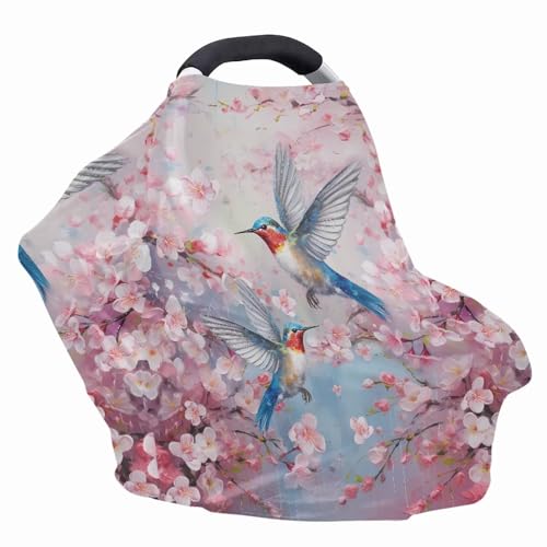 Image of Binienty Hummingbird Cherry Blossom Baby Carseat Canopies and Nursing Covers for Car, Breathable Babies Infants Stroller Cover, Sun Protection