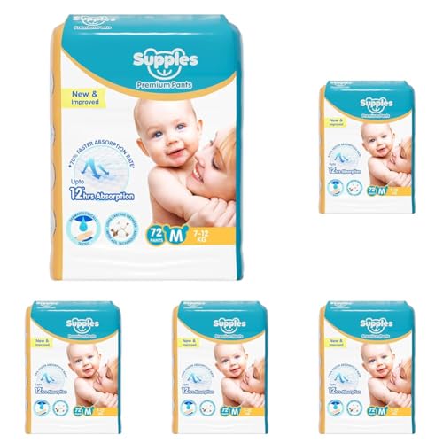 Image of Amazon Brand - Supples Premium Baby Diaper Pants | 72 Baby Diapers | Medium | 7-12 Kg | 12 Hrs Absorption | Cushiony Cotton Soft Fabric | Phthalates-Free | Triple Leak Guard (Pack of 5)